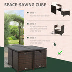 Space-saving cube rattan dining set showing folded chair and stool seating under table