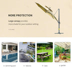 Khaki cantilever parasol with wide canopy and cross-base stand for outdoor use
