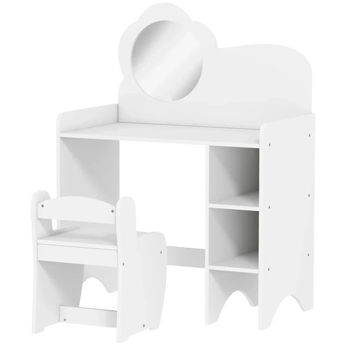 Kids white vanity table set with round mirror, open shelves, and matching stool