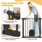 Black pressure-fit pet gate with cat flap and latch release handle mechanism