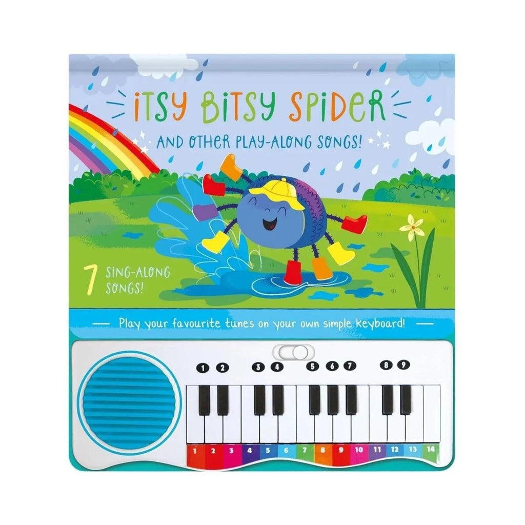 Musical piano book with illustrated Itsy Bitsy Spider cover and small keyboard
