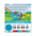 Musical piano book with illustrated Itsy Bitsy Spider cover and small keyboard