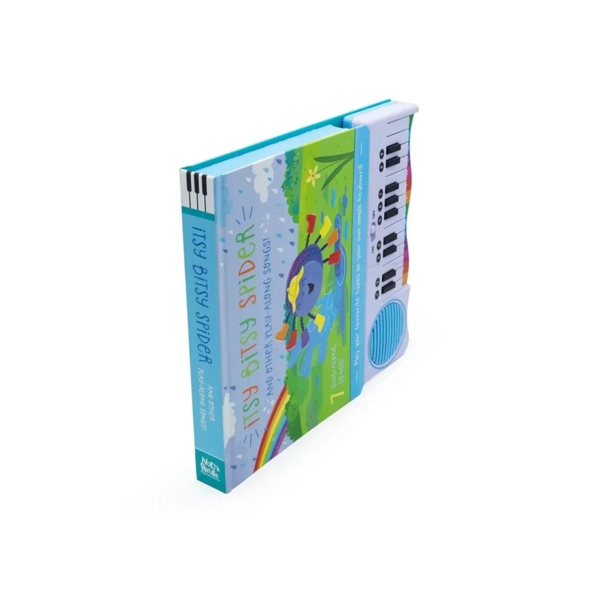 Musical piano book spine with colorful Itsy Bitsy Spider artwork and built-in speaker