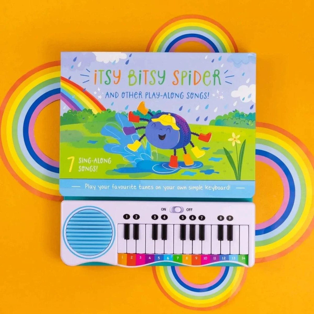 Front musical piano book featuring Itsy Bitsy Spider artwork and built-in mini keyboard