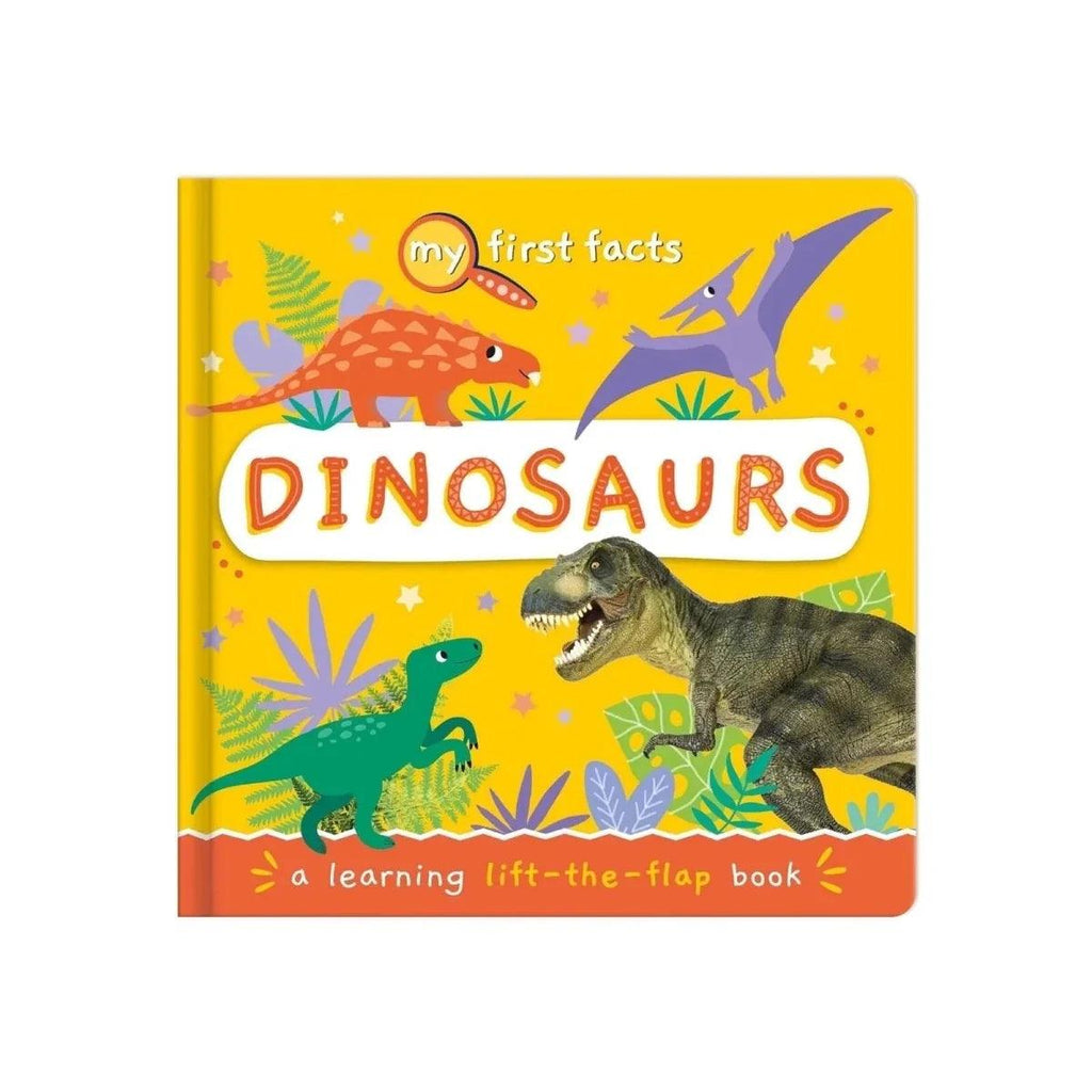 Colorful dinosaur lift-the-flap facts book cover with T-rex and Triceratops