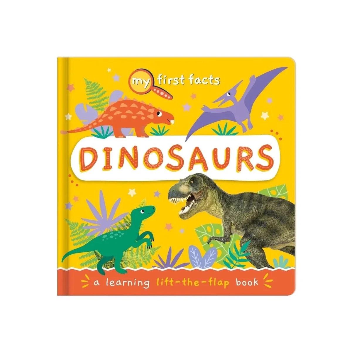Colorful dinosaur lift-the-flap facts book cover with T-rex and Triceratops