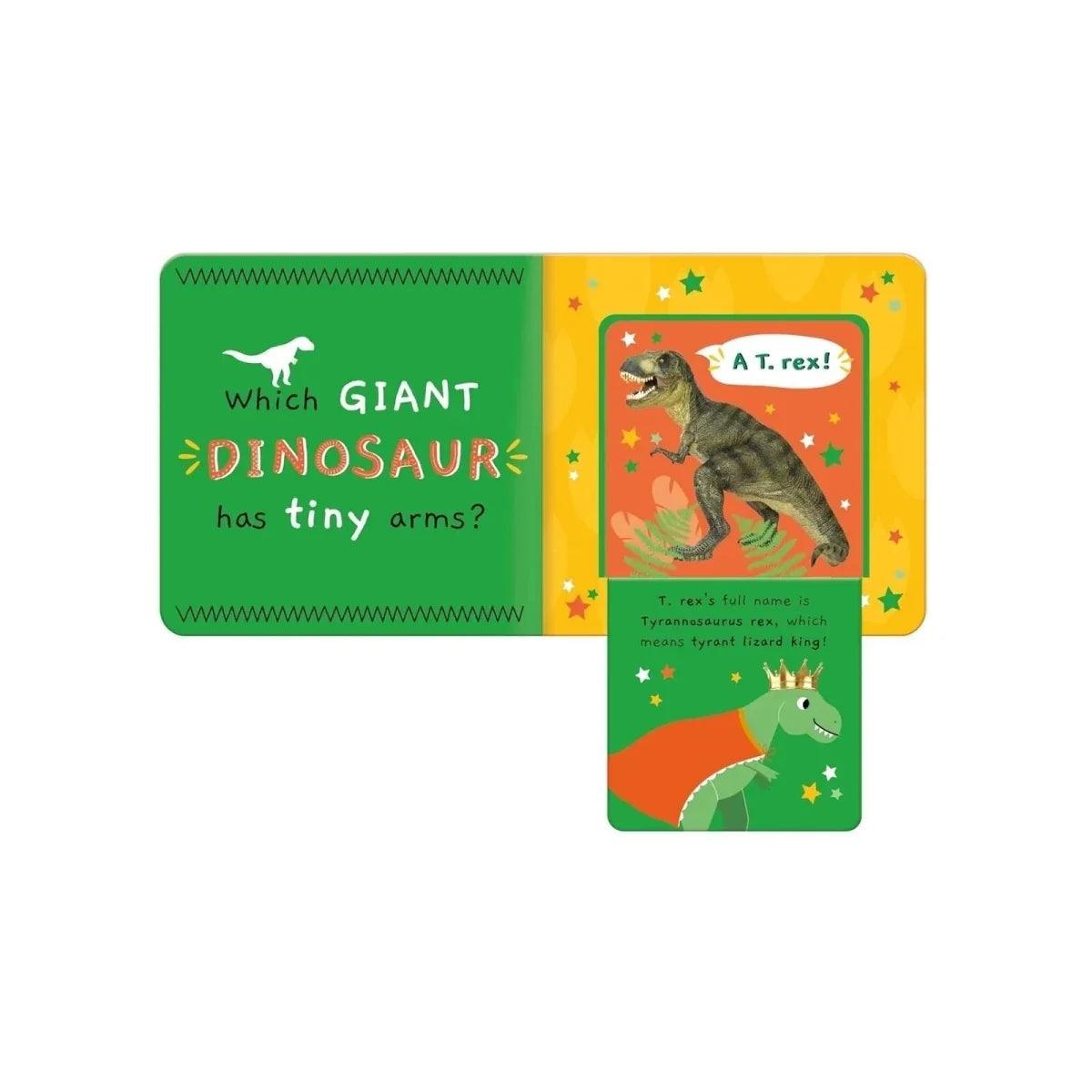 Dinosaur lift-the-flap facts book with illustrated page panels and flap cutouts