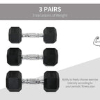 Three pairs of black hex rubber dumbbells with chrome handles