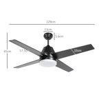 Flush-mount ceiling fan with LED light, four blades, shown with size dimensions