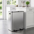 Stainless steel double kitchen bin with dual foot pedals and soft-close lid design, silver