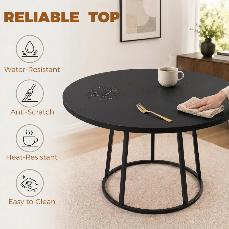 Round black tabletop dining table with conical metal base, easy-clean surface