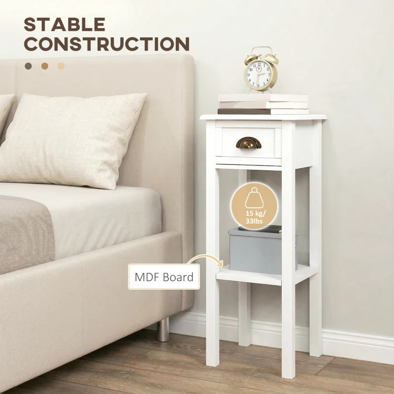 White side table with drawer and open shelf, gold handle, sturdy frame