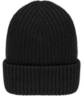 Wide-cuff beanie in dark black knit with ribbed texture and folded cuff