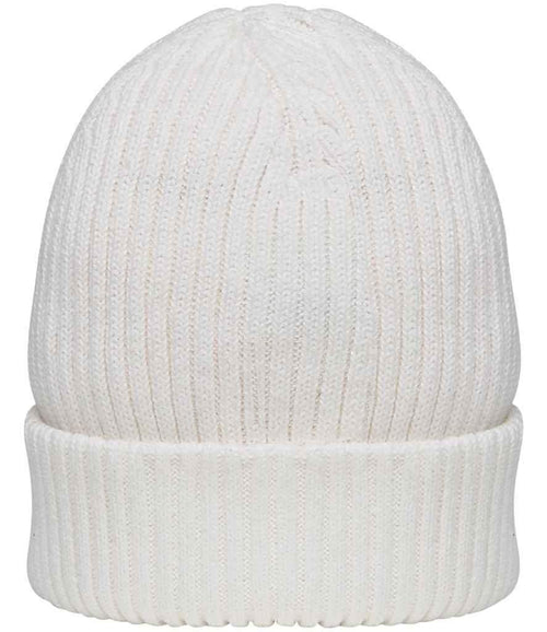 Wide-cuff beanie in light ivory knit with ribbed texture and folded cuff