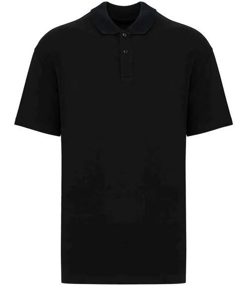 Black drop-shoulder polo shirt with short sleeves and button placket