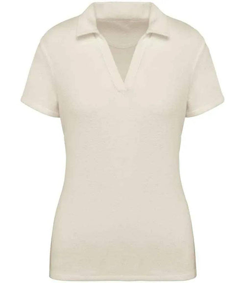 Ivory women’s towel-feel polo shirt with short sleeves and V-neck placket