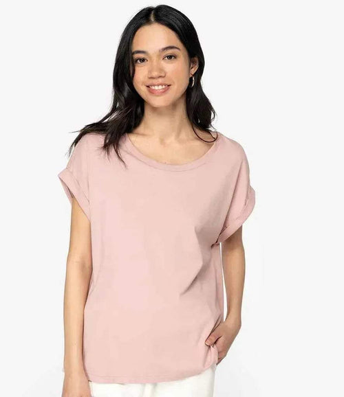Petal rose women’s loose-fit roll-sleeve t-shirt with crew neckline