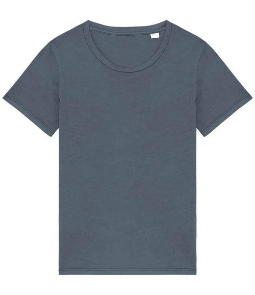 Washed navy blue ladies T-shirt, crew neck, short sleeves, straight hem