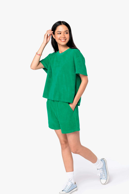 Womens green towel-feel t-shirt with short sleeves and crew neck