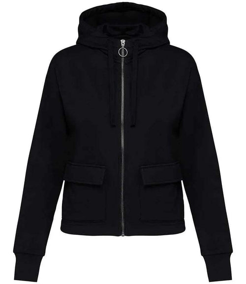 Women’s full-zip hooded sweatshirt in black, front zipper, drawstring hood, two chest pockets
