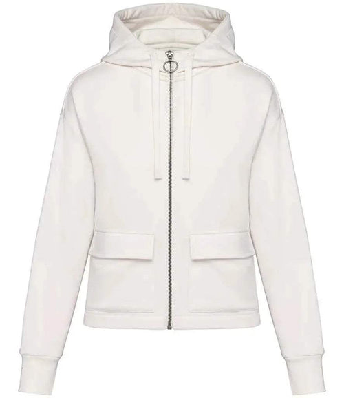 Women’s full-zip hooded sweatshirt in ivory, front zipper, drawstring hood, two front pockets