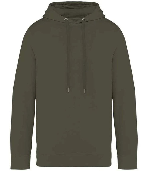 Unisex French terry hoodie in washed khaki green, front, drawstring hood