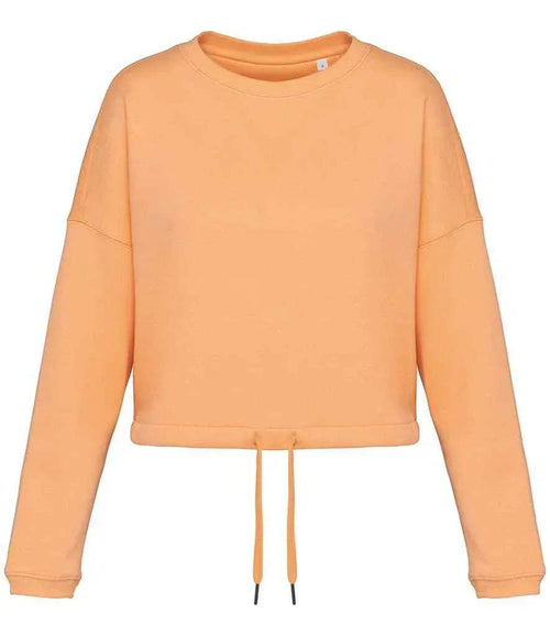 Apricot cropped crewneck sweatshirt with long sleeves and drawstring hem