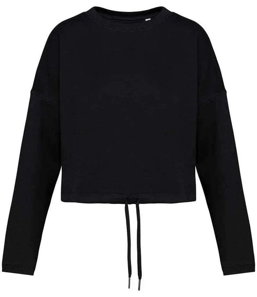 Black cropped crewneck sweatshirt with long sleeves and drawstring hem