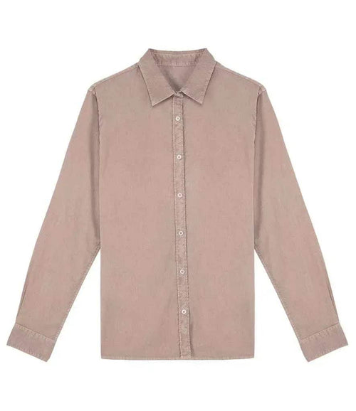Washed long-sleeve button-up shirt in washed linen taupe, with pointed collar and buttons.