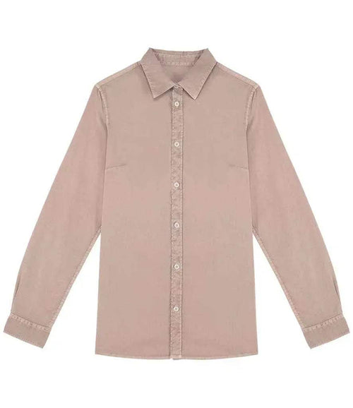 Ladies washed long sleeve shirt, beige taupe button-front with pointed collar