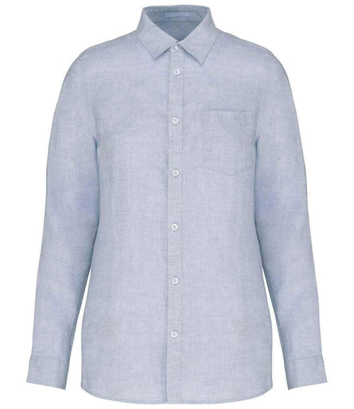 Women's linen long-sleeve shirt, light blue, button-front and chest pocket
