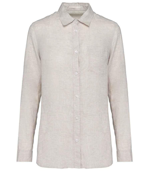 Women's linen long-sleeve shirt, light beige, button-front and pointed collar