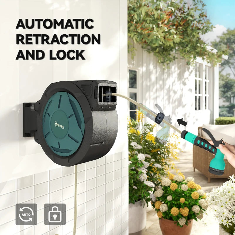 Wall-mounted retractable hose reel with extended teal nozzle and spray hose