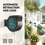 Wall-mounted retractable hose reel with extended teal nozzle and spray hose