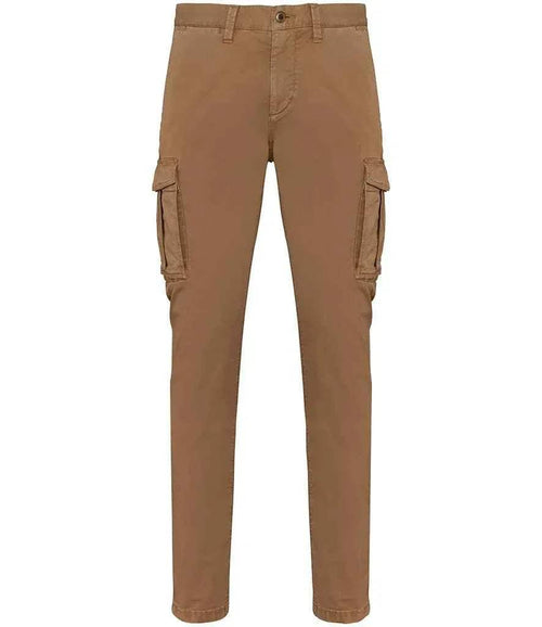 Men's washed dark camel cargo trousers with side utility pockets and button waist