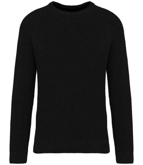 Black chunky knit sweatshirt with ribbed crew neck and long sleeves