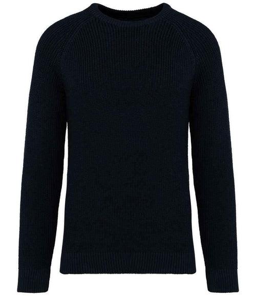 Navy chunky knit sweatshirt with ribbed crew neck and long sleeves