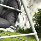 Charcoal grey patio swing cushion corner with tie straps fastened and tufted padding
