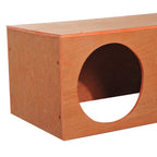 Golden red wooden cat tunnel shelter with oval entrance opening and smooth edges