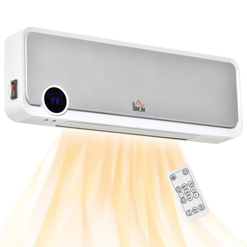 White wall-mounted electric space heater with digital temperature display and controls