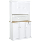 White freestanding kitchen cabinet with open countertop, drawer, and six cabinet doors