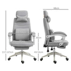 Light grey fabric office chair shown front and side views with reclining back and footrest