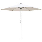 Cream round garden parasol with open canopy and dark metal pole