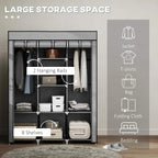 Light grey fabric wardrobe with two hanging rails and eight shelves, open front.