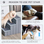Grey pet stairs with three carpeted steps for easier access to couches and beds