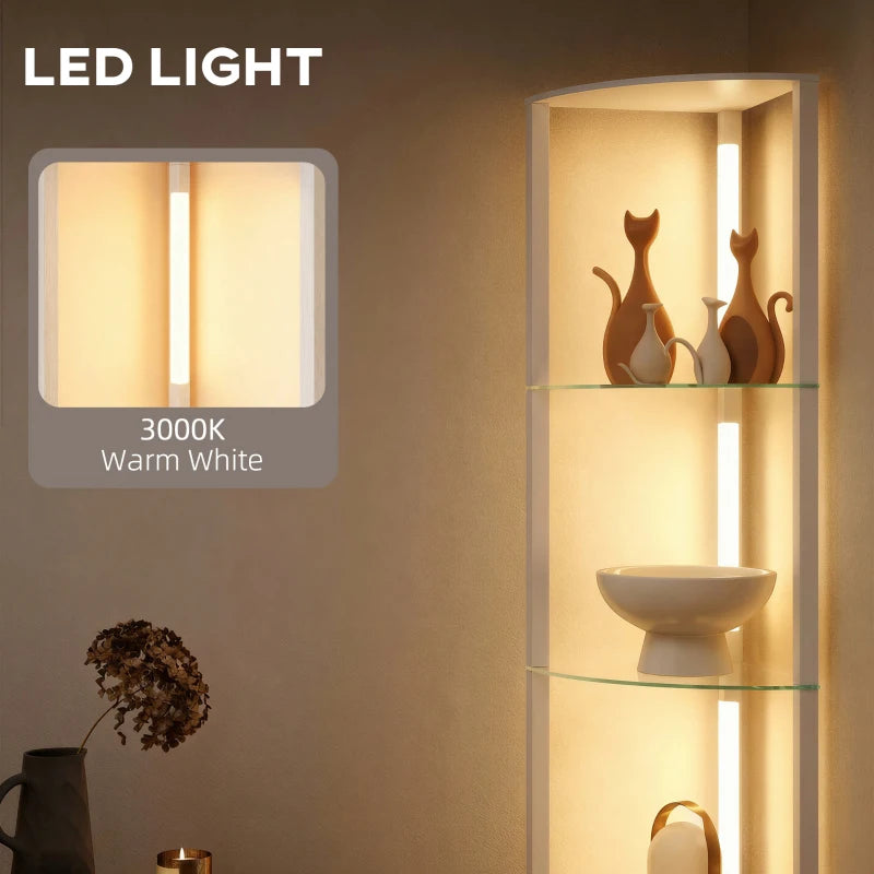 White LED floor lamp with glass shelves, warm-white lighting inside the frame