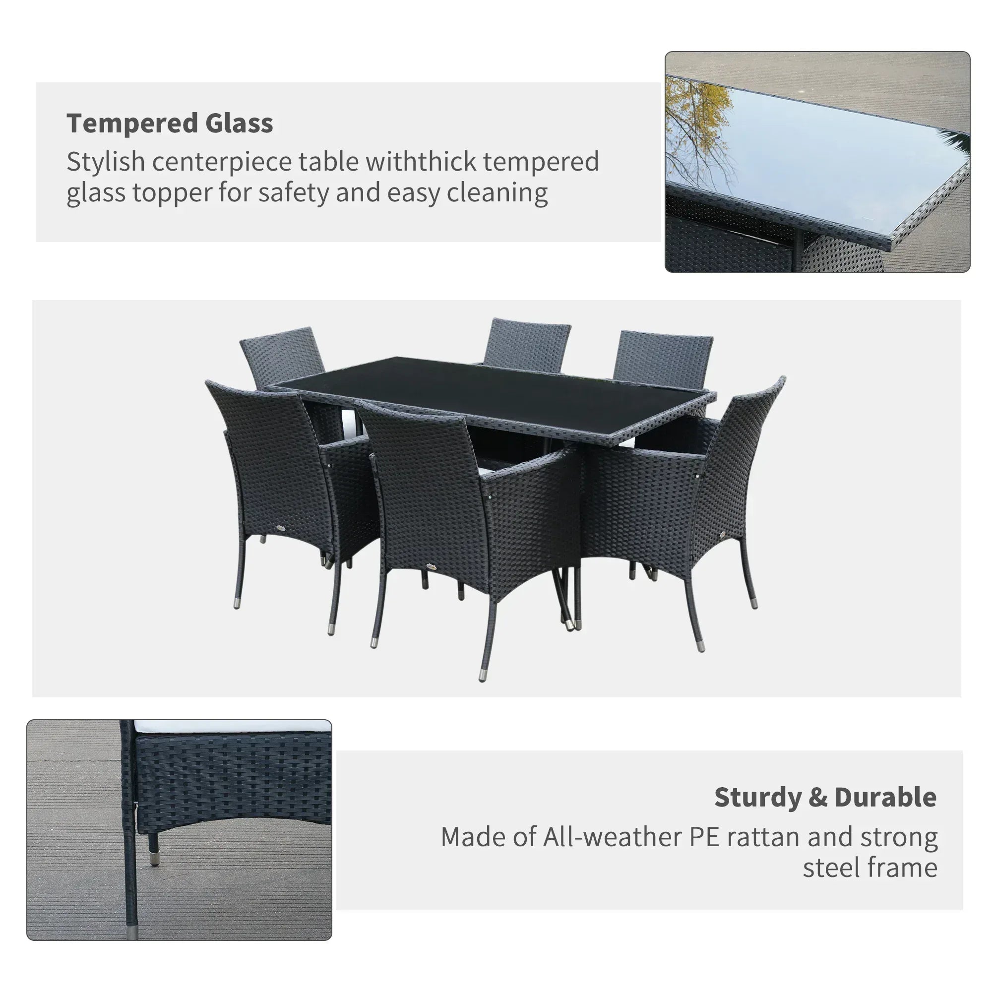 6 Seater Rattan Dining Set with Cushions, Rattan Garden Furniture Set with 6 Armchairs, Rectangular Glass Top Table, Outdoor Dining Table and Chairs, Black - Bobobiy