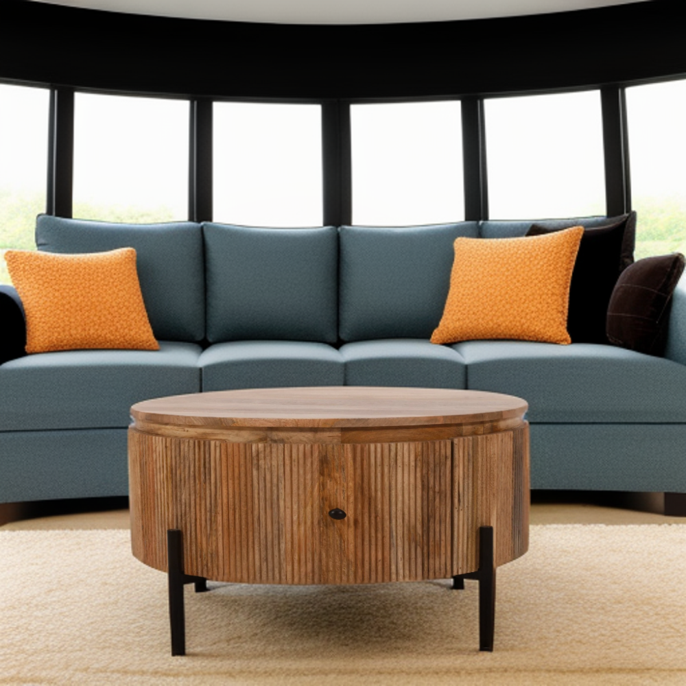 Gray sectional sofa with orange cushions and a wooden coffee table in a modern living room.
