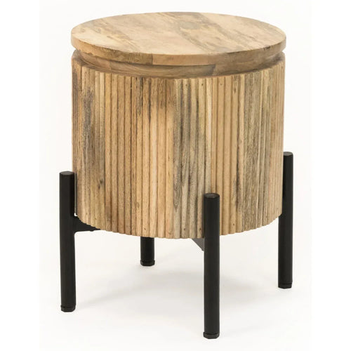 Round wood bedside table with vertical slat look and black metal legs, front view