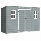 Grey resin garden shed with double doors, two windows, and roof vents.